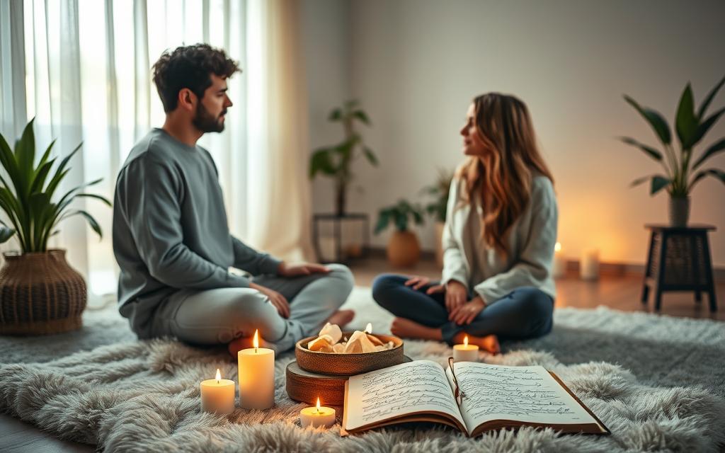 A serene and intimate scene of a couple engaged in daily rituals for relationship recovery. In the foreground, the pair sits cross-legged on a plush rug, gazing into each other's eyes with raw vulnerability. Soft, warm lighting filters through sheer curtains, casting a gentle glow. In the middle ground, a small table holds burning candles, a bowl of healing crystals, and a journal open to inscribed pages. The background depicts a cozy, minimal living space, with plants and natural textures creating a nurturing, introspective atmosphere. Tender, intricate gestures and a palpable sense of connection between the couple convey the profound self-care and trust-building at the heart of their journey.