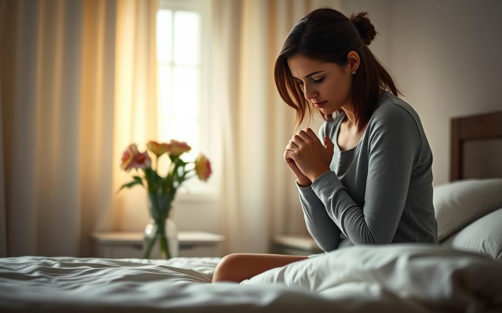 A serene, dimly lit bedroom scene. In the foreground, a woman sits on the edge of the bed, her head bowed, hands clasped tightly. Soft, warm light filters through the window, casting a gentle glow on her. In the middle ground, a vase of freshly cut flowers rests on a bedside table, symbolizing the renewal and healing process. The background is softly blurred, creating a sense of introspection and personal reflection. The woman's posture and expression convey a palpable emotional vulnerability, yet there is a sense of resilience and determination in her gaze, hinting at the gradual process of mending a broken heart. A serene, dimly lit bedroom scene. In the foreground, a woman sits on the edge of the bed, her head bowed, hands clasped tightly. Soft, warm light filters through the window, casting a gentle glow on her. In the middle ground, a vase of freshly cut flowers rests on a bedside table, symbolizing the renewal and healing process. The background is softly blurred, creating a sense of introspection and personal reflection. The woman's posture and expression convey a palpable emotional vulnerability, yet there is a sense of resilience and determination in her gaze, hinting at the gradual process of mending a broken heart.
