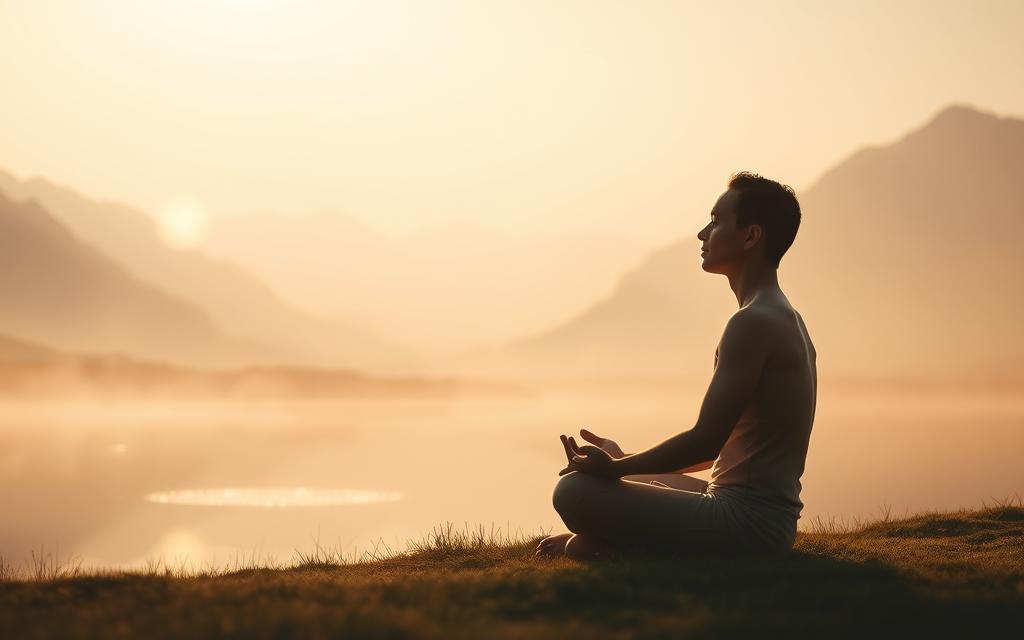 A serene, ethereal landscape of healing. A soft, glowing light envelops the scene, casting a warm, comforting hue. In the foreground, a figure sits cross-legged, their hands resting gently on their lap, eyes closed in meditation. Wispy, translucent wisps of energy emanate from the figure, symbolizing the release and healing of emotional wounds. The middle ground features a tranquil pond, its surface reflecting the figure and the surrounding environment in a dreamlike manner. In the background, towering mountains rise, their peaks obscured by a hazy mist, suggesting the journey towards inner peace and resolution. The overall atmosphere is one of solace, introspection, and the gradual mending of the heart and soul. A serene, ethereal landscape of healing. A soft, glowing light envelops the scene, casting a warm, comforting hue. In the foreground, a figure sits cross-legged, their hands resting gently on their lap, eyes closed in meditation. Wispy, translucent wisps of energy emanate from the figure, symbolizing the release and healing of emotional wounds. The middle ground features a tranquil pond, its surface reflecting the figure and the surrounding environment in a dreamlike manner. In the background, towering mountains rise, their peaks obscured by a hazy mist, suggesting the journey towards inner peace and resolution. The overall atmosphere is one of solace, introspection, and the gradual mending of the heart and soul.