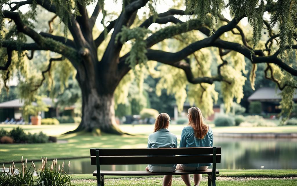 A serene outdoor setting, with a lush garden in the background and a tranquil pond in the foreground. In the middle ground, two individuals seated on a wooden bench, engaged in a thoughtful discussion, their body language conveying trust and open communication. Soft, diffused lighting filters through the branches of a towering oak tree, creating a warm, inviting atmosphere. The scene exudes a sense of connection, understanding, and the gradual rebuilding of a relationship. The overall composition emphasizes the importance of patience, empathy, and a shared commitment to the healing process.