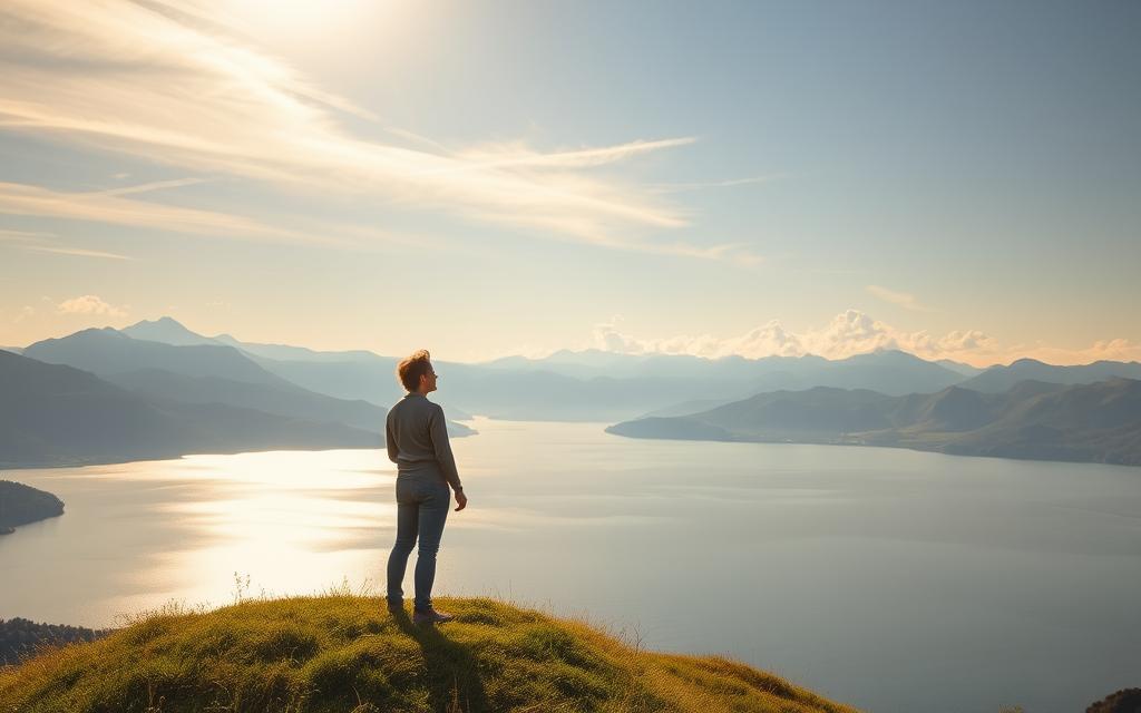 A serene, sun-dappled landscape, with a lone figure standing atop a verdant hill, gazing out over a vast, shimmering lake. The figure's expression radiates a profound sense of self-acceptance and inner peace. Warm, golden light bathes the scene, creating a soothing, introspective atmosphere. In the distance, towering mountains rise, symbolizing the strength and resilience the figure has cultivated. Wispy clouds drift overhead, a metaphor for the tranquility and clarity that now permeates the figure's life. This image conveys a future of trust, self-love, and unwavering self-worth, a testament to the healing power of personal growth.