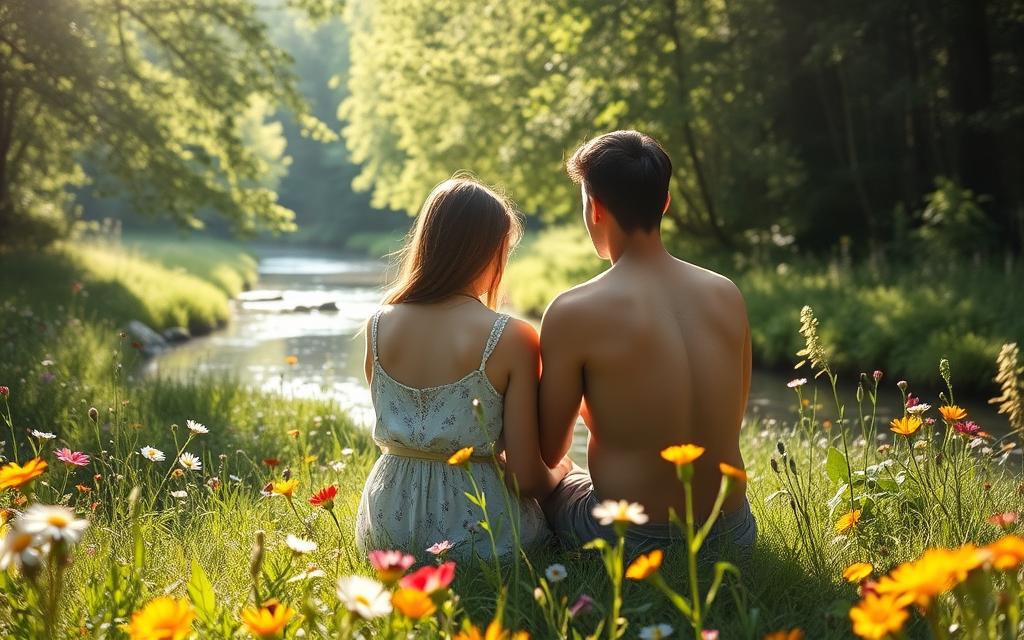 A serene, sun-dappled meadow, lush with vibrant wildflowers. In the foreground, two figures sit closely, their hands intertwined, expressions of tenderness and vulnerability. Soft lighting filters through the verdant canopy above, casting a warm, healing glow. The background features a tranquil stream, its gentle ripples reflecting the surrounding foliage. An aura of introspection and understanding permeates the scene, suggesting the path towards reconciliation and personal growth after the turbulence of an affair.