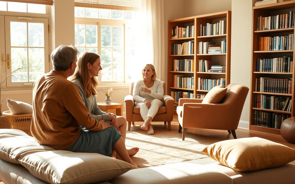 A serene, sun-dappled therapy room, furnished with plush cushions, natural wood accents, and a warm, earthy color palette. In the foreground, a couple sit side-by-side on a low sofa, their bodies angled towards each other in a posture of attentive listening. The middle ground features a therapist, seated in a comfortable armchair, their face gentle and empathetic as they guide the couple's discussion. Soft, diffused lighting filters in through large windows, casting a calming glow over the scene. The background depicts bookshelves filled with volumes on holistic wellness, psychology, and relationship counseling, suggesting a holistic, integrative approach to healing and recovery.