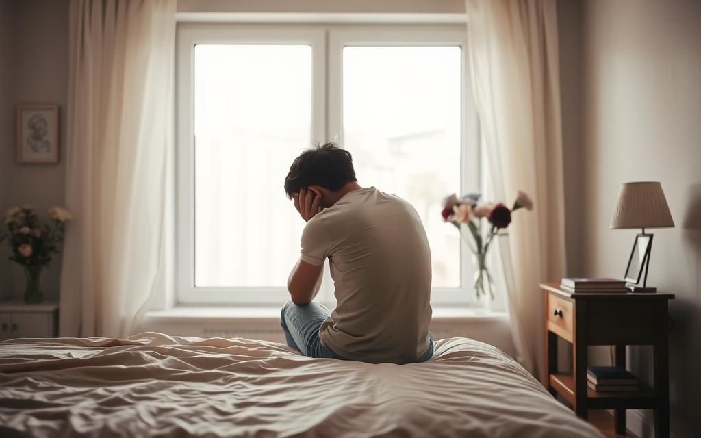 A serene, sunlit room with soft, muted colors. In the foreground, a person sitting on the edge of a bed, head in hands, expressing deep contemplation and emotional vulnerability. In the middle ground, a vase of fresh flowers and a book on a nightstand, symbolizing the gradual process of healing and introspection. The background features a large window, allowing natural light to stream in, conveying a sense of openness and hope. The overall atmosphere is one of quiet, thoughtful resolve, as the individual navigates the steps towards recovery and restoration after a profound breach of trust.