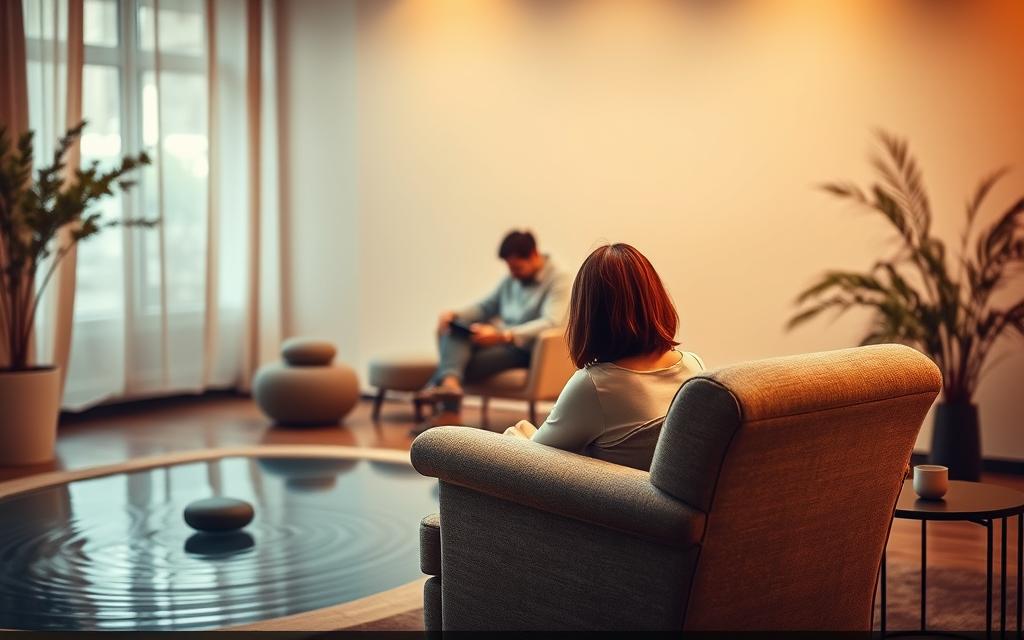 A serene therapy room, bathed in warm, soft lighting. In the foreground, a plush armchair faces a soothing water feature, symbolizing the calming journey of emotional healing. The middle ground features a contemplative patient, their head bowed in reflection, while the therapist sits nearby, exuding empathy and understanding. The background depicts a tranquil, nature-inspired setting, with muted colors and gentle textures, creating an atmosphere of safety and introspection. The scene conveys a sense of hope and resilience, as the patient begins the process of rebuilding their emotional wellbeing after a profound betrayal.