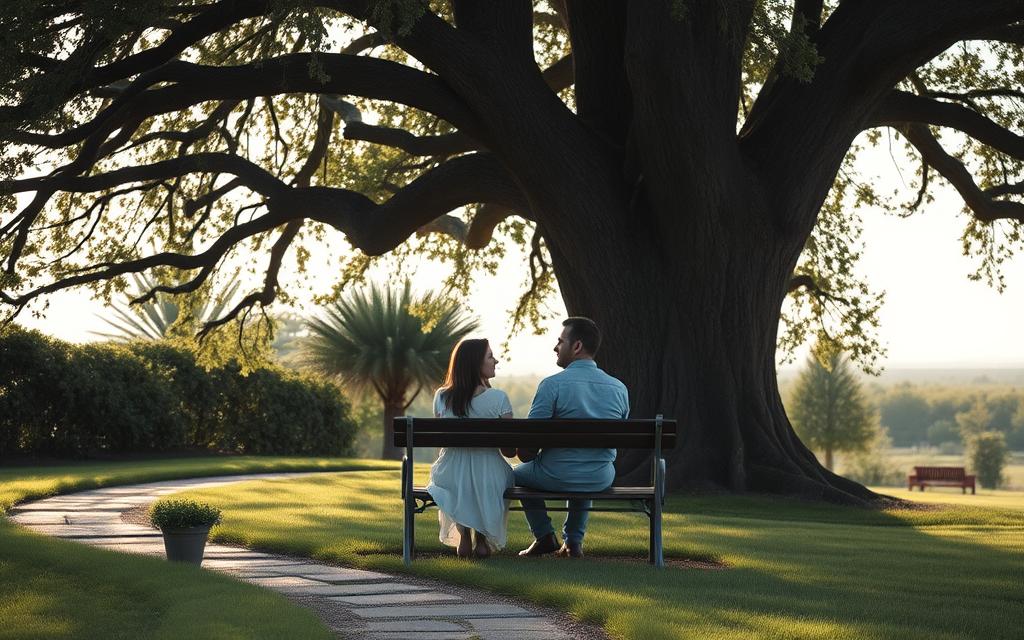 A serene, tranquil garden setting, with a winding path leading to a bench under a large oak tree. Soft, diffused lighting filters through the leaves, casting a warm, comforting glow. On the bench, a couple sits side by side, their hands clasped, expressions thoughtful as they gaze into each other's eyes, the tension and pain of the past slowly giving way to a renewed sense of understanding and connection. In the background, a distant horizon suggests the promise of new beginnings, a visual metaphor for the healing process after the turmoil of an affair.