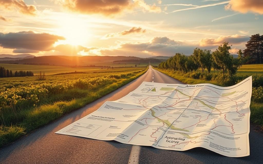 A serene, well-lit road leading through a lush, verdant landscape, with a map unfurled in the foreground, depicting the distinct phases of affair recovery - from initial crisis, through painful confrontation, to gradual restoration of trust and intimacy. The map's icons and annotations guide the viewer through this transformative journey, conveying a sense of structure, resilience and the promise of healing. Warm, golden light filters through wispy clouds, casting a hopeful glow over the scene. The overall atmosphere is one of contemplation, vulnerability and a determined forward motion, mirroring the emotional arc of the article's subject matter.