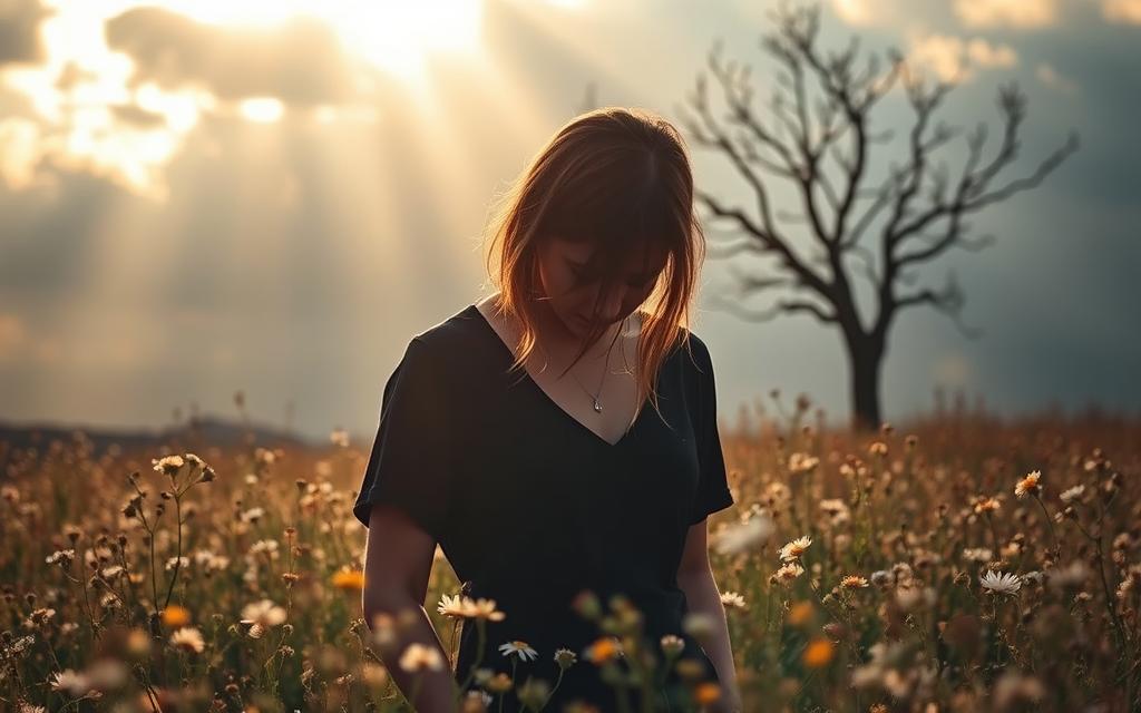 A somber figure, head bowed in grief, stands amidst a field of delicate wildflowers. The light filters through the clouds, casting a warm, golden glow that illuminates the tears streaming down the figure's face. In the background, a silhouetted tree stands as a silent witness, its bare branches reaching upwards, a symbol of growth and resilience. The scene evokes a palpable sense of loss and the need for healing, a quiet moment of introspection and the promise of new beginnings.