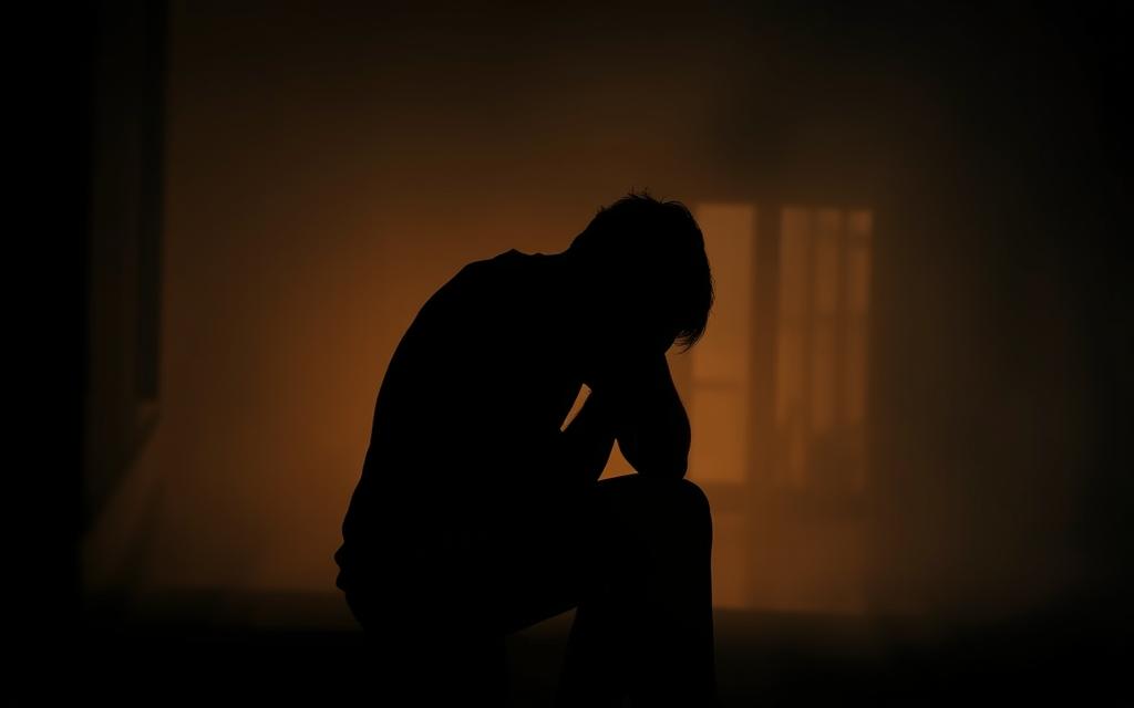 A somber, introspective scene depicting an unfaithful partner earnestly reflecting on their actions. A lone figure sits in a dimly lit room, head bowed, shoulders slumped in remorse. Soft, warm lighting casts a pensive glow, creating an atmosphere of quiet contemplation. The background is blurred, hazy, and free of distractions, allowing the viewer to focus on the central figure and their internal struggle. Subtle, muted tones evoke a sense of regret and a desire for redemption. The composition and lighting draw the eye to the subject, conveying a sense of vulnerability and a willingness to take responsibility for the harm caused.