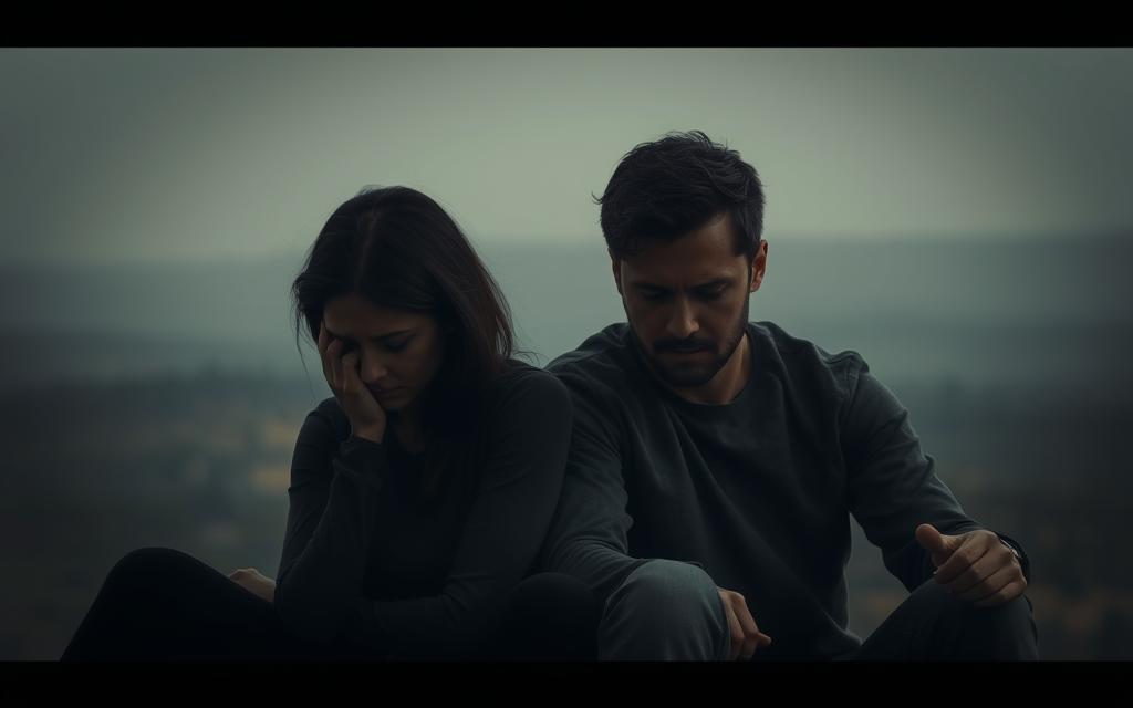 A somber scene of a couple sitting together, faces shrouded in shadow. The woman's expression is pained, her eyes downcast, shoulders slumped, conveying a profound emotional burden. The man's posture is tense, his hands clenched, a glimmer of shame or regret in his gaze. The background is hazy, a blurred landscape suggesting the couple's isolation, their unspoken struggles. Muted colors and dramatic chiaroscuro lighting heighten the sense of emotional turmoil, creating an atmosphere of hidden traumas and betrayal. A poignant, melancholic composition that evokes the complexities of rebuilding trust after a painful experience.