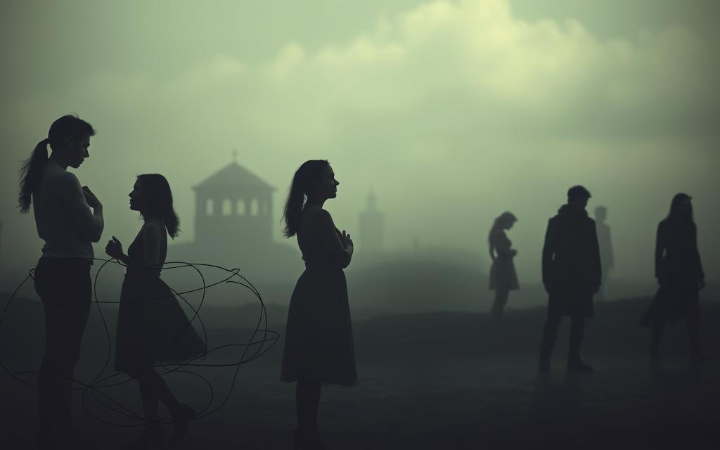 A spectrum of infidelity, from subtle emotional detachment to overt physical betrayal, unfolds against a pensive backdrop. In the foreground, a tangled web of intimate gestures and fleeting glances conveys the fragile dance of trust and temptation. The middle ground is a hazy realm of ambiguous loyalties, where the lines between platonic and romantic blurred. In the distant background, silhouettes of lost love and shattered promises linger, casting a somber shadow over the scene. Soft, muted tones evoke a sense of melancholy, while strategic lighting sculpts the contours of this complex and emotionally-charged narrative. Captured through a cinematic lens, this image aims to encapsulate the nuanced and often elusive nature of infidelity.