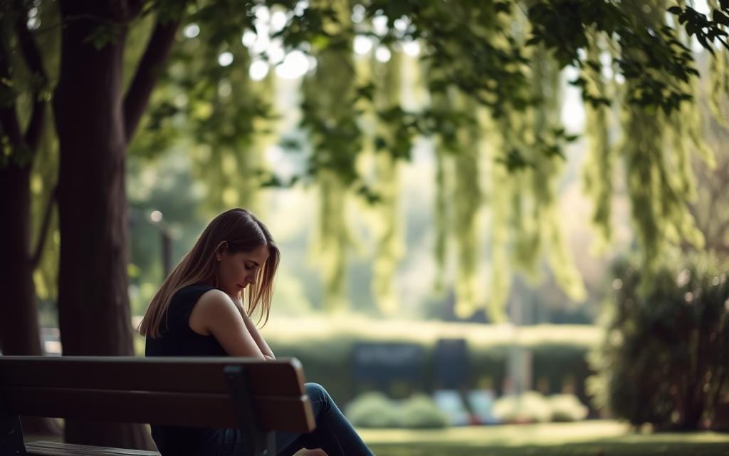 A tranquil garden scene, with soft light filtering through the leaves of tall, verdant trees. In the foreground, a woman sits on a wooden bench, her head bowed in contemplation. Her expression is one of quiet introspection, as she begins the healing process after a painful betrayal. The background is blurred, creating a sense of solitude and privacy. The overall atmosphere is one of introspection, serenity, and the slow, gradual restoration of emotional well-being.