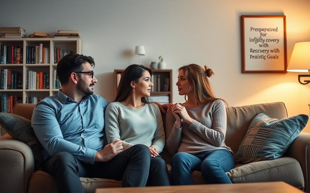 A tranquil living room setting with a couple sitting on a plush couch, engaged in an earnest discussion. Soft, warm lighting casts a comforting glow, creating an atmosphere of openness and vulnerability. The couple's body language conveys a sense of mutual understanding, as they lean towards each other, hands clasped, eyes locked in a meaningful exchange. In the background, a bookshelf filled with relationship self-help books and a framed inspirational quote on the wall, suggesting a commitment to personal growth and healing. The overall scene reflects the theme of "Preparing for Infidelity Recovery with Realistic Goals" - a space where difficult conversations can unfold, and hope for reconciliation shines through.