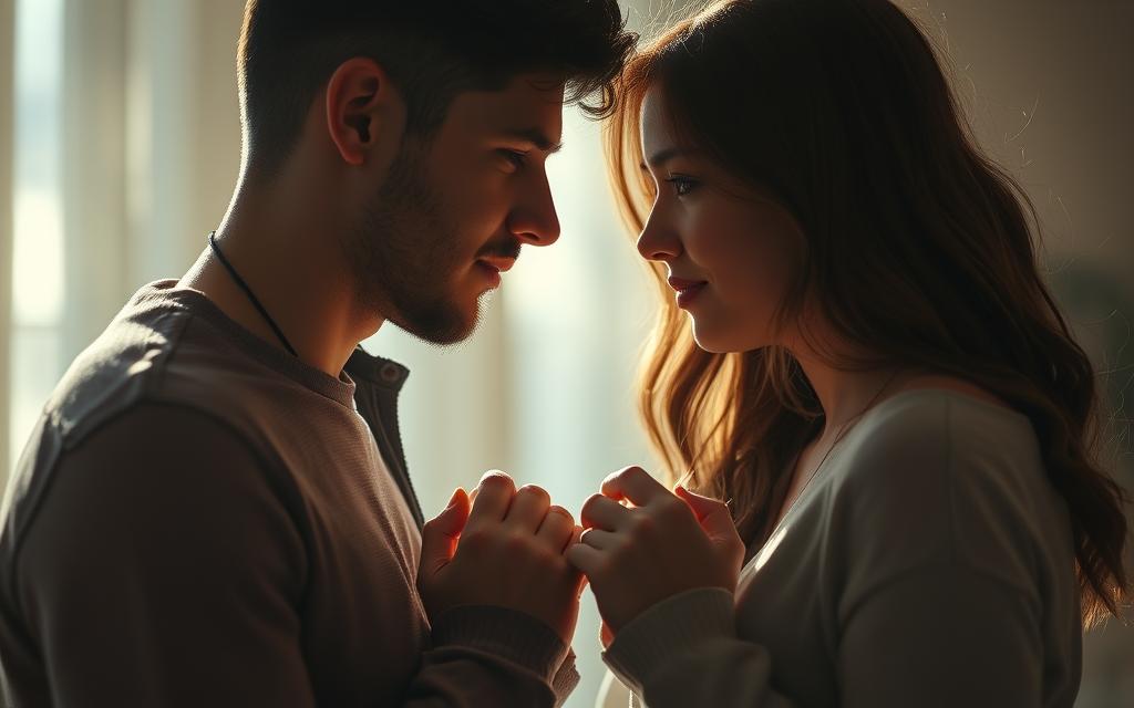 A warm and intimate scene of a couple reconnecting, basked in soft, diffused lighting. The partners face each other, fingers intertwined, as they gaze into each other's eyes with a renewed sense of understanding and trust. The surroundings are hazy and out of focus, placing the emotional connection between the two at the forefront. Gentle shadows accentuate the contours of their faces, conveying a palpable tenderness. The atmosphere is one of vulnerability, intimacy, and the gradual restoration of a bond once shaken. A serene, healing moment captured in time. A warm and intimate scene of a couple reconnecting, basked in soft, diffused lighting. The partners face each other, fingers intertwined, as they gaze into each other's eyes with a renewed sense of understanding and trust. The surroundings are hazy and out of focus, placing the emotional connection between the two at the forefront. Gentle shadows accentuate the contours of their faces, conveying a palpable tenderness. The atmosphere is one of vulnerability, intimacy, and the gradual restoration of a bond once shaken. A serene, healing moment captured in time.