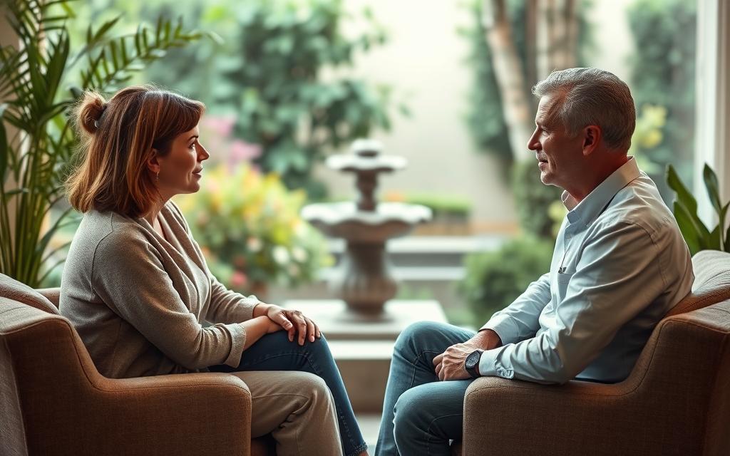 A warm and soothing therapy session, two people engaged in deep discussion, the counselor's compassionate expression guiding the couple through the complexities of their relationship. Soft lighting casts a gentle glow, creating an atmosphere of trust and understanding. The couple sits facing each other, body language open and vulnerable, as they work to rebuild the connection torn by infidelity. In the background, a serene garden scene with lush foliage and a calming water feature, symbolizing the potential for growth and renewal. This image captures the essence of marriage counseling as a pathway to healing and reconciliation. A warm and soothing therapy session, two people engaged in deep discussion, the counselor's compassionate expression guiding the couple through the complexities of their relationship. Soft lighting casts a gentle glow, creating an atmosphere of trust and understanding. The couple sits facing each other, body language open and vulnerable, as they work to rebuild the connection torn by infidelity. In the background, a serene garden scene with lush foliage and a calming water feature, symbolizing the potential for growth and renewal. This image captures the essence of marriage counseling as a pathway to healing and reconciliation.