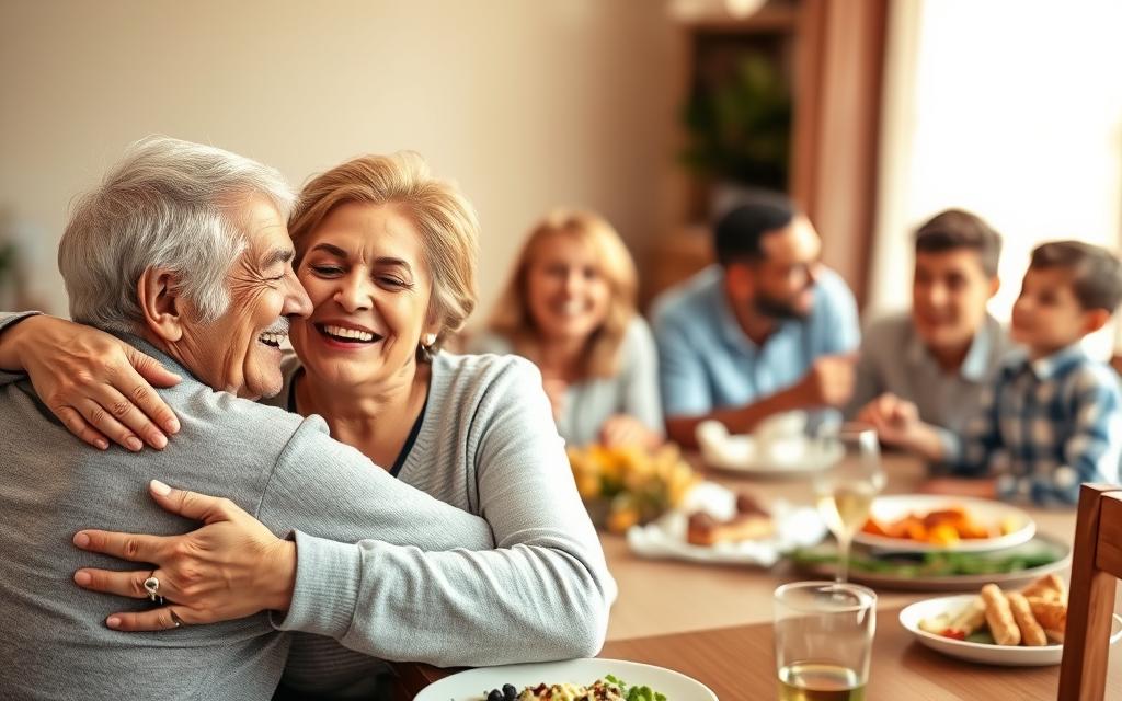 A warm and supportive family gathered around a dining table, sharing a meal and conversation. In the foreground, an older couple embraces a younger woman, their faces filled with affection. In the middle ground, siblings and cousins sit together, laughing and gesturing animatedly. The background is softly blurred, suggesting a cozy, domestic setting with natural lighting casting a golden glow. The overall atmosphere conveys a sense of togetherness, trust, and unwavering emotional support. A warm and supportive family gathered around a dining table, sharing a meal and conversation. In the foreground, an older couple embraces a younger woman, their faces filled with affection. In the middle ground, siblings and cousins sit together, laughing and gesturing animatedly. The background is softly blurred, suggesting a cozy, domestic setting with natural lighting casting a golden glow. The overall atmosphere conveys a sense of togetherness, trust, and unwavering emotional support.