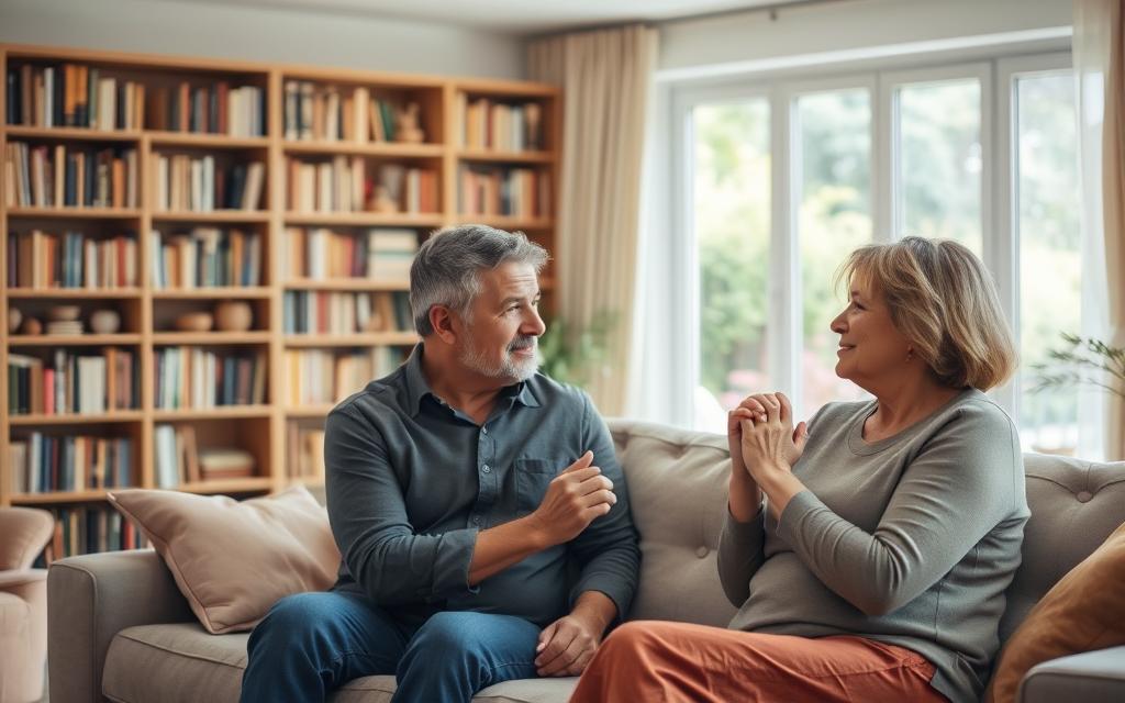 A warm, inviting living room with soft lighting and neutral tones. In the foreground, a middle-aged couple sits on a plush sofa, facing each other, their hands clasped together as they make eye contact, expressions of vulnerability and trust. Behind them, a large bookshelf filled with well-worn volumes, symbolizing the depth of their relationship. Through a window in the background, a tranquil garden scene provides a serene backdrop, conveying a sense of healing and renewal. The overall atmosphere is one of intimacy, understanding, and the gradual rebuilding of a strong emotional bond. A warm, inviting living room with soft lighting and neutral tones. In the foreground, a middle-aged couple sits on a plush sofa, facing each other, their hands clasped together as they make eye contact, expressions of vulnerability and trust. Behind them, a large bookshelf filled with well-worn volumes, symbolizing the depth of their relationship. Through a window in the background, a tranquil garden scene provides a serene backdrop, conveying a sense of healing and renewal. The overall atmosphere is one of intimacy, understanding, and the gradual rebuilding of a strong emotional bond.