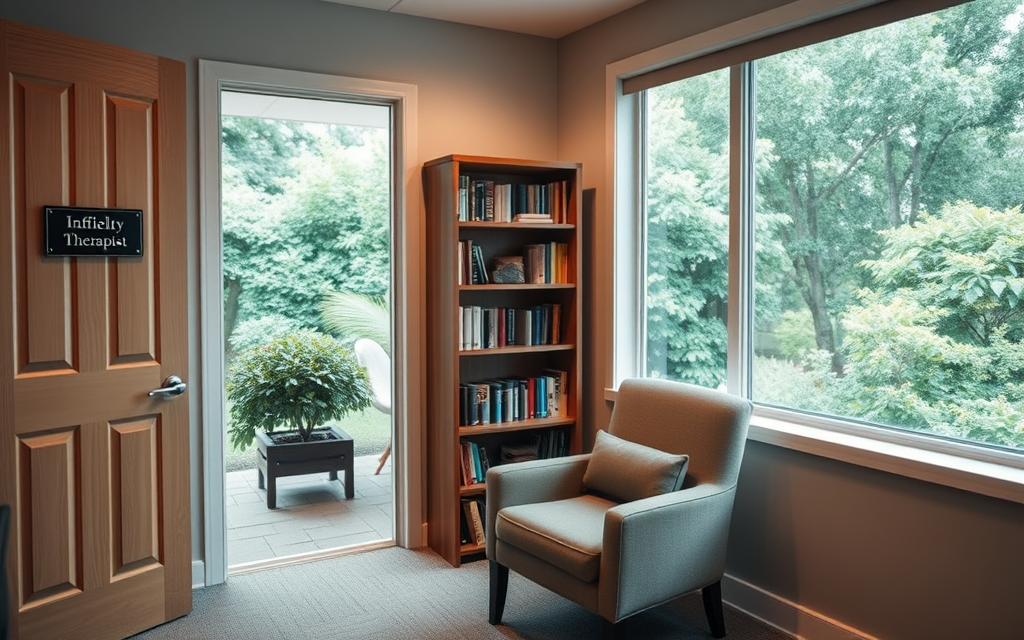 A warm, inviting office interior with a comfortable armchair, a well-stocked bookshelf, and a discreet nameplate on the door reading "Infidelity Therapist". Soft lighting creates a soothing ambiance, while a large window offers a peaceful view of a lush garden. The space conveys a sense of privacy, professionalism, and emotional safety, inviting the viewer to imagine seeking guidance and support from a qualified counselor specializing in rebuilding trust after an affair. The composition is balanced, with the chair and bookshelf forming the main focal points, drawing the eye inward towards the heart of the counseling space.