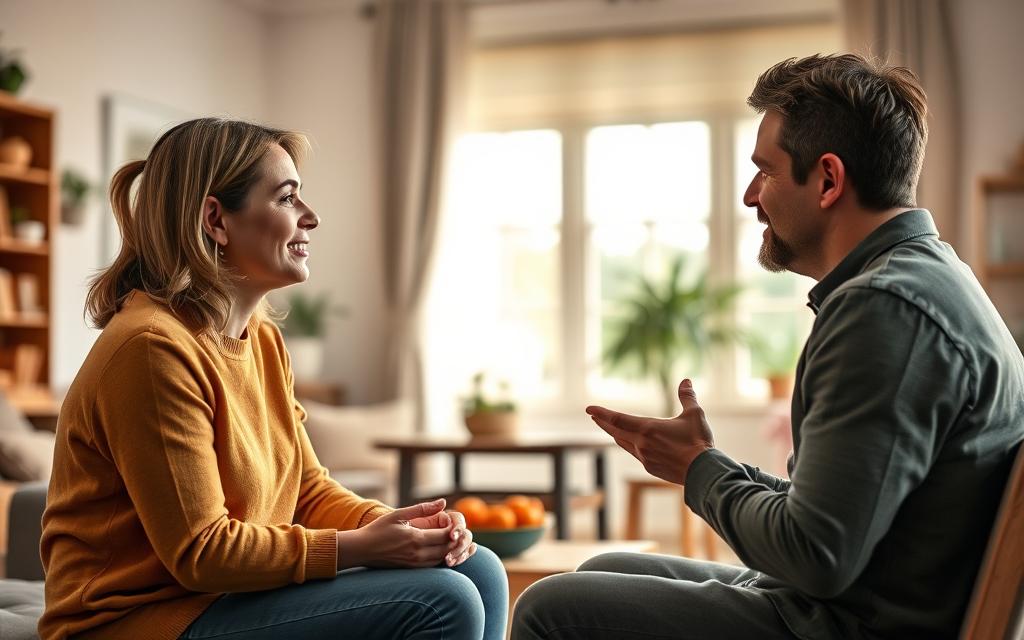 A warm, natural-lit scene depicting a couple engaged in a thoughtful, everyday interaction. In the foreground, the husband and wife sit facing each other, their body language relaxed yet attentive. Subtle shifts in their facial expressions, hand gestures, and eye contact reveal the nuanced dynamics of their relationship. The middle ground features a cozy, tastefully furnished living room, hinting at their domestic life. The background offers a glimpse of a sun-dappled window, creating a soft, intimate atmosphere. Realistic, high-quality textures and lighting bring this slice of daily life into focus, inviting the viewer to observe and interpret the unfolding interpersonal dynamics. A warm, natural-lit scene depicting a couple engaged in a thoughtful, everyday interaction. In the foreground, the husband and wife sit facing each other, their body language relaxed yet attentive. Subtle shifts in their facial expressions, hand gestures, and eye contact reveal the nuanced dynamics of their relationship. The middle ground features a cozy, tastefully furnished living room, hinting at their domestic life. The background offers a glimpse of a sun-dappled window, creating a soft, intimate atmosphere. Realistic, high-quality textures and lighting bring this slice of daily life into focus, inviting the viewer to observe and interpret the unfolding interpersonal dynamics.