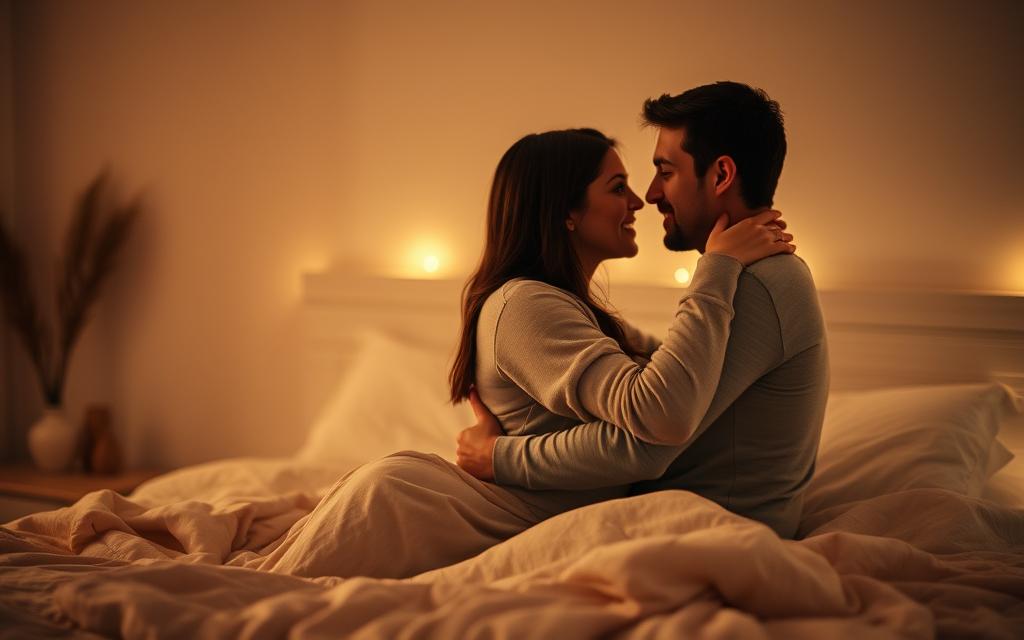 A warm, softly lit bedroom scene. In the foreground, a couple embraced in a tender, intimate moment, their eyes locked and expressions conveying deep connection. Mid-ground, the bed is adorned with plush bedding, creating a cozy, inviting atmosphere. The background features gentle, muted tones, with hints of soft, romantic lighting to set the mood. The overall scene evokes a sense of emotional intimacy, vulnerability, and the quiet beauty of a shared connection between partners. A warm, softly lit bedroom scene. In the foreground, a couple embraced in a tender, intimate moment, their eyes locked and expressions conveying deep connection. Mid-ground, the bed is adorned with plush bedding, creating a cozy, inviting atmosphere. The background features gentle, muted tones, with hints of soft, romantic lighting to set the mood. The overall scene evokes a sense of emotional intimacy, vulnerability, and the quiet beauty of a shared connection between partners.