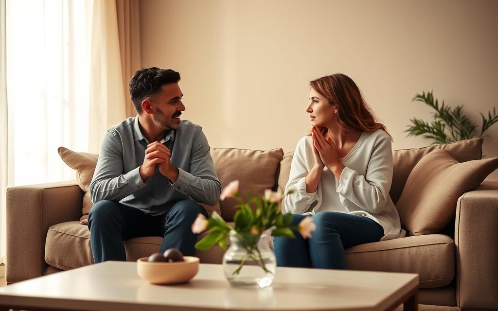 A warm, softly lit interior scene. In the foreground, a couple sitting on a couch, their hands clasped together as they lean in, engaging in earnest conversation. Expressions display vulnerability, openness, and a shared desire to rebuild trust. The middle ground features a simple, elegant coffee table, with a vase of fresh flowers adding a touch of serenity. The background depicts a soothing neutral-toned wall, with a large window allowing natural light to filter in, creating a sense of tranquility and healing. The overall mood is one of intimacy, understanding, and the gradual mending of a relationship.