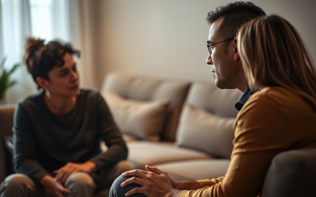 A warm, well-lit couples therapy session. In the foreground, two adults engaged in thoughtful discussion, their body language open and attentive. Soft lighting illuminates their faces, conveying a sense of vulnerability and trust. In the middle ground, a neutral-toned couch and armchair, suggesting a safe, comfortable environment. The background blurs gently, hinting at a tranquil, private setting conducive to introspection and healing. The overall mood is one of intimacy, understanding, and a shared commitment to restoration.
