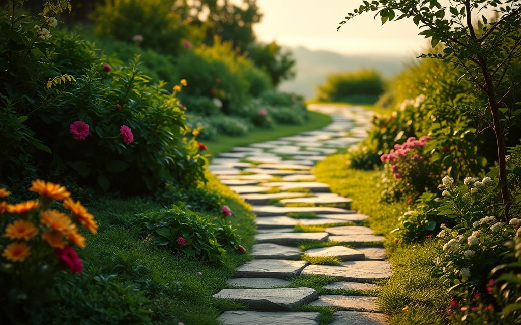 A winding path through a serene garden, with lush greenery and vibrant flowers lining the way. Each step represents a stage of the healing journey, from initial introspection to eventual growth and renewal. Soft, diffused lighting casts a warm, comforting glow, guiding the viewer through this emotional landscape. The composition is balanced, with the path leading the eye towards a distant, blurred horizon, symbolizing the promise of a brighter future. Textures and details are captured with a medium-format film aesthetic, adding depth and authenticity to the scene. A winding path through a serene garden, with lush greenery and vibrant flowers lining the way. Each step represents a stage of the healing journey, from initial introspection to eventual growth and renewal. Soft, diffused lighting casts a warm, comforting glow, guiding the viewer through this emotional landscape. The composition is balanced, with the path leading the eye towards a distant, blurred horizon, symbolizing the promise of a brighter future. Textures and details are captured with a medium-format film aesthetic, adding depth and authenticity to the scene.