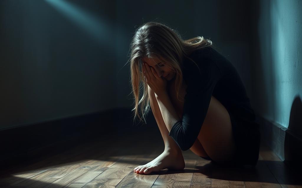 A woman crouched on the floor, her head buried in her hands, tears streaming down her face. The room around her is dimly lit, casting shadows that accentuate her anguish. The atmosphere is heavy with a sense of despair and isolation, the walls closing in on her. The lighting is moody, with a single beam of light cutting through the gloom, highlighting the rawness of her emotion. Her body language conveys a profound sense of betrayal, her posture slumped and defeated. The scene is captured from a low angle, emphasizing the overwhelming nature of her distress. The overall mood is one of emotional turmoil, a visual representation of the devastation caused by infidelity.