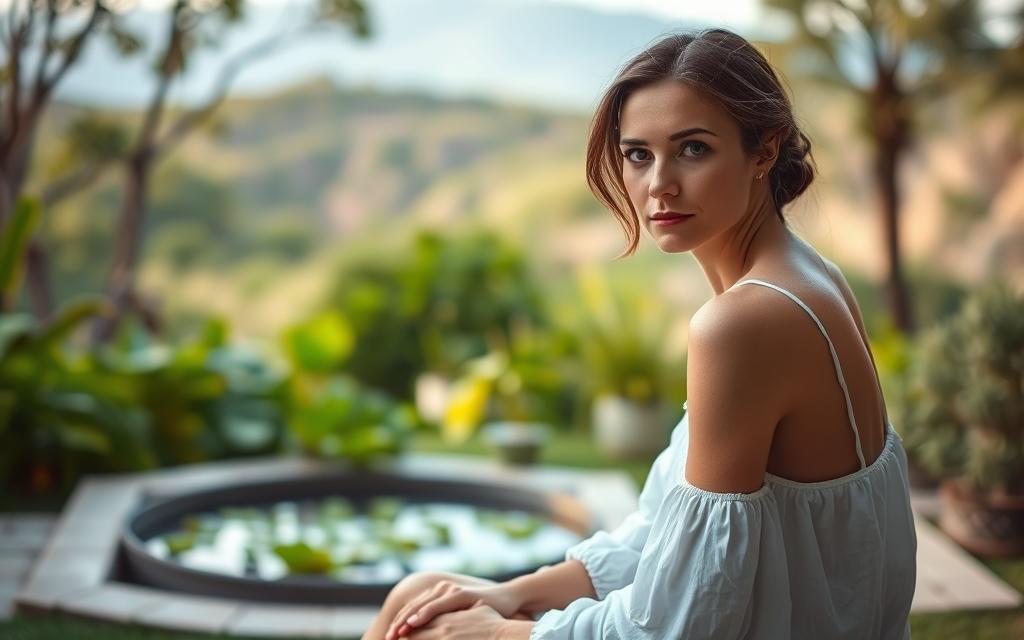 A woman sits alone in a serene garden, her gaze introspective as she begins to heal from the emotional turmoil of a past affair. Soft, diffused light bathes the scene, lending an air of tranquility. In the middle ground, a shallow pool reflects the verdant foliage, symbolizing the restorative power of nature. The background features a gentle, blurred landscape, suggesting the woman's journey towards inner peace. Her posture is relaxed, yet there is a sense of vulnerability and determination in her expression, conveying the complex emotions of this delicate process. A woman sits alone in a serene garden, her gaze introspective as she begins to heal from the emotional turmoil of a past affair. Soft, diffused light bathes the scene, lending an air of tranquility. In the middle ground, a shallow pool reflects the verdant foliage, symbolizing the restorative power of nature. The background features a gentle, blurred landscape, suggesting the woman's journey towards inner peace. Her posture is relaxed, yet there is a sense of vulnerability and determination in her expression, conveying the complex emotions of this delicate process.