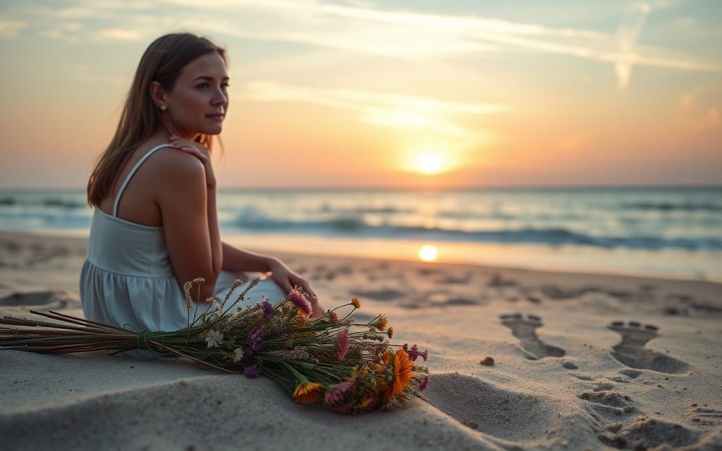 A woman sits on a beach, gazing out at the ocean as the sun sets. Her expression is pensive, but there is a glimmer of hope in her eyes. In the foreground, a bundle of wildflowers lays on the sand, a symbol of the beauty that can emerge from the ashes of betrayal. The middle ground features a pair of footprints, one leading away and the other returning, representing the journey of healing and reconciliation. The background is a soft, pastel-hued landscape, with wispy clouds and a serene, calming atmosphere, conveying the sense of peace and renewal that can come after a difficult emotional experience. A woman sits on a beach, gazing out at the ocean as the sun sets. Her expression is pensive, but there is a glimmer of hope in her eyes. In the foreground, a bundle of wildflowers lays on the sand, a symbol of the beauty that can emerge from the ashes of betrayal. The middle ground features a pair of footprints, one leading away and the other returning, representing the journey of healing and reconciliation. The background is a soft, pastel-hued landscape, with wispy clouds and a serene, calming atmosphere, conveying the sense of peace and renewal that can come after a difficult emotional experience.