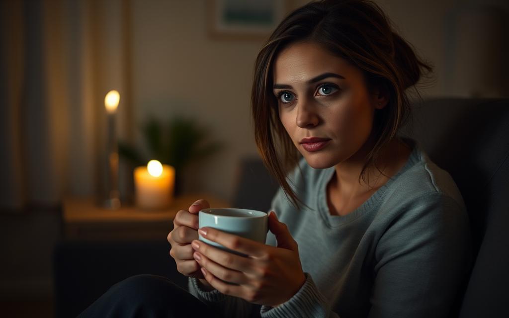 A woman sitting alone in a dimly lit room, the soft glow of a candle casting a warm, introspective light. She holds a mug of herbal tea, her expression contemplative as she reflects on the betrayal she has experienced. The background is blurred, drawing the viewer's focus to her face and the moment of quiet self-care. The scene conveys a sense of vulnerability, resilience, and the first steps towards healing.