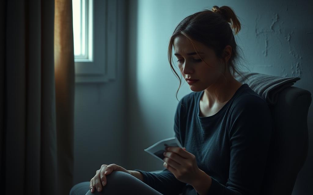 A young woman sits alone in a dimly lit room, her face etched with profound sadness. Soft light filters through a nearby window, casting a melancholic glow on her features. Tears stream down her cheeks as she clutches a crumpled photograph, the remnants of a once-cherished relationship now shattered by betrayal. The air is thick with the weight of emotional pain, a palpable sense of isolation and the struggle to come to terms with the aftermath of infidelity. The scene conveys a powerful narrative of the complex emotional journey one faces in the wake of a broken trust.