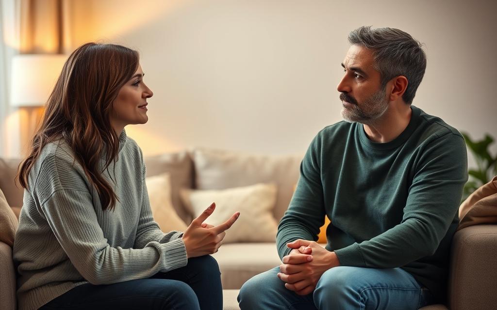 Intimate couple engaged in thoughtful discussion, set against a warm, soft-lit living room. The husband and wife sit face-to-face, hands clasped, expressions conveying openness and understanding. Muted hues of beige, sage, and amber create a tranquil, introspective ambiance. Camera positioned at eye-level, capturing the couple's connection and the meaningful exchange taking place. Emphasis on subtle body language and facial cues that denote effective communication, active listening, and a spirit of mutual respect. Intimate couple engaged in thoughtful discussion, set against a warm, soft-lit living room. The husband and wife sit face-to-face, hands clasped, expressions conveying openness and understanding. Muted hues of beige, sage, and amber create a tranquil, introspective ambiance. Camera positioned at eye-level, capturing the couple's connection and the meaningful exchange taking place. Emphasis on subtle body language and facial cues that denote effective communication, active listening, and a spirit of mutual respect.