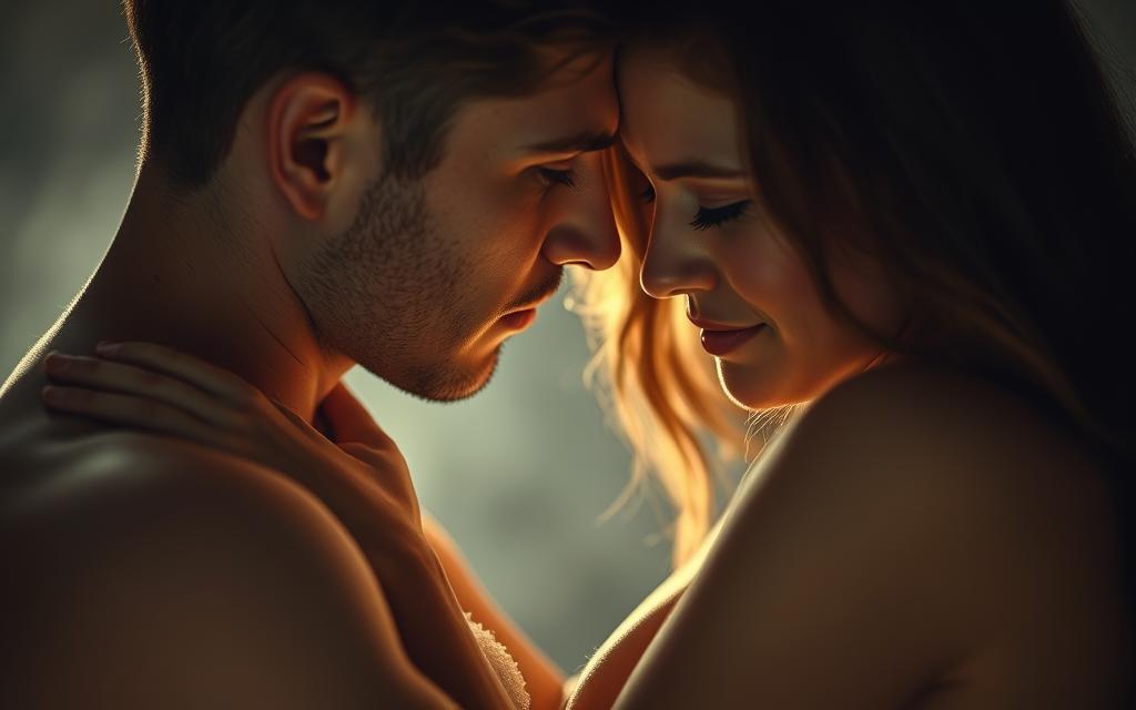 Two lovers in a warm, intimate embrace, their bodies intertwined with a passionate, yet tender expression. The foreground captures their faces in close-up, their eyes conveying a profound emotional connection. The lighting is soft and diffused, creating a sense of intimacy and vulnerability. The middle ground blurs into an atmospheric, dreamlike background, suggesting a private, secluded space. The overall mood is one of emotional and physical vulnerability, where trust and vulnerability have been reclaimed, guiding the path to reconciliation.