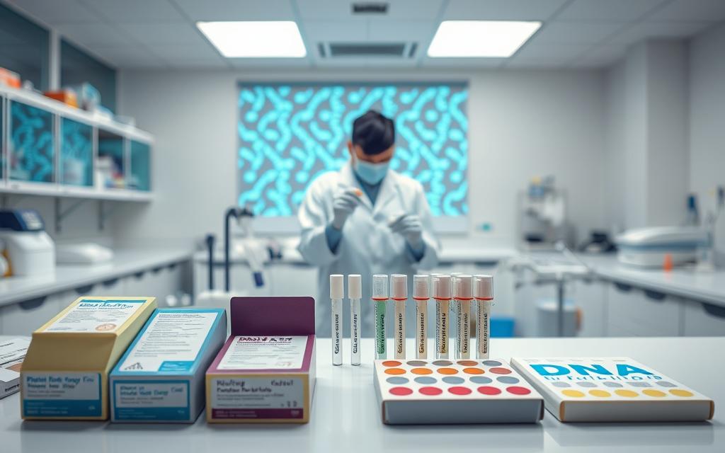 A brightly lit laboratory interior, clean and modern, with various DNA testing equipment and instruments arranged neatly on the countertops. In the foreground, a close-up view of different types of DNA testing kits, their packaging and contents clearly visible, conveying the variety of genetic analysis methods available. The middle ground features a scientist in a white lab coat, carefully pipetting samples into test tubes, their face obscured to maintain focus on the equipment. The background showcases a large, high-resolution genetic sequence diagram projected onto a wall, hinting at the complex scientific insights these tests can provide. The overall mood is one of clinical precision and the advancement of forensic science. A brightly lit laboratory interior, clean and modern, with various DNA testing equipment and instruments arranged neatly on the countertops. In the foreground, a close-up view of different types of DNA testing kits, their packaging and contents clearly visible, conveying the variety of genetic analysis methods available. The middle ground features a scientist in a white lab coat, carefully pipetting samples into test tubes, their face obscured to maintain focus on the equipment. The background showcases a large, high-resolution genetic sequence diagram projected onto a wall, hinting at the complex scientific insights these tests can provide. The overall mood is one of clinical precision and the advancement of forensic science.