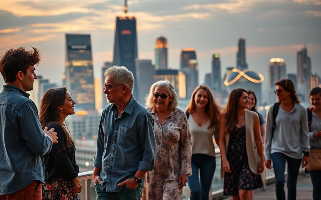 A bustling city skyline at dusk, with a cross-section of generational groups represented. In the foreground, a young couple engaged in a heated discussion, their body language suggesting infidelity. In the middle ground, an older married pair walking hand-in-hand, their expressions wistful and introspective. In the background, a group of teenagers giggling and exchanging glances, hinting at emerging patterns of infidelity. The scene is bathed in a warm, amber glow, creating an atmosphere of emotional complexity and the weight of societal expectations. Soft, diffused lighting illuminates the figures, emphasizing the intergenerational dynamics at play.