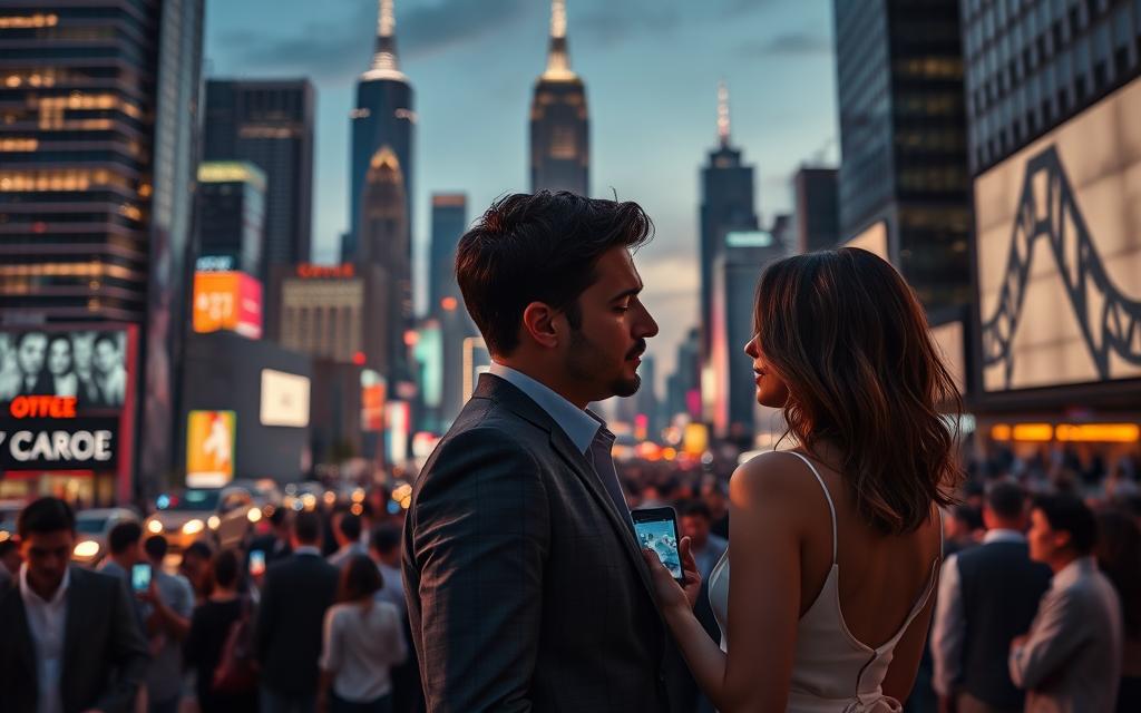 A bustling cityscape at dusk, neon lights casting a seductive glow over towering skyscrapers and sleek, modern architecture. In the foreground, a stylishly dressed couple, their body language and expressions hinting at a simmering tension, as they navigate the temptations of a fast-paced, hyper-connected world. The middle ground is dotted with glimpses of smartphones, dating apps, and other digital distractions, creating a sense of isolation and disconnection amidst the crowded urban landscape. The background is a blur of anonymous faces, suggesting the overwhelming social pressures and the influence of societal norms on personal relationships. Soft, warm lighting creates an alluring yet melancholic atmosphere, capturing the complex emotional landscape of modern infidelity. A bustling cityscape at dusk, neon lights casting a seductive glow over towering skyscrapers and sleek, modern architecture. In the foreground, a stylishly dressed couple, their body language and expressions hinting at a simmering tension, as they navigate the temptations of a fast-paced, hyper-connected world. The middle ground is dotted with glimpses of smartphones, dating apps, and other digital distractions, creating a sense of isolation and disconnection amidst the crowded urban landscape. The background is a blur of anonymous faces, suggesting the overwhelming social pressures and the influence of societal norms on personal relationships. Soft, warm lighting creates an alluring yet melancholic atmosphere, capturing the complex emotional landscape of modern infidelity.