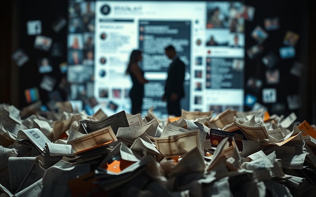 A chaotic scene of financial and social discord. In the foreground, tangled bank statements, credit cards, and crumpled receipts, symbolizing the chaos of a relationship's financial infidelity. The middle ground features two figures in tense, confrontational poses, their faces obscured, representing the breakdown of trust and communication. In the blurred background, a swirling, ominous social media feed, reflecting the public fallout and the spreading of private information. Dramatic chiaroscuro lighting casts deep shadows, evoking the sense of a relationship in crisis. The overall atmosphere is one of unease, betrayal, and the unraveling of a once-stable partnership.