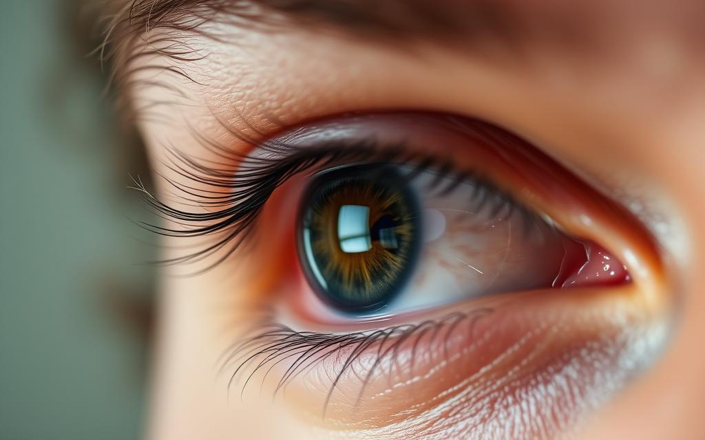A close-up view of a human eye, with the iris and pupil in sharp focus. The eye appears alert and attentive, with subtle movements and flickers that suggest active processing of information. The background is slightly blurred, creating a sense of depth and emphasis on the eye itself. The lighting is soft and natural, casting gentle shadows that highlight the contours and details of the eye. The overall mood is one of introspection and concentration, evoking the idea of the eye as a window to the mind and the potential for using eye movements to detect deception.