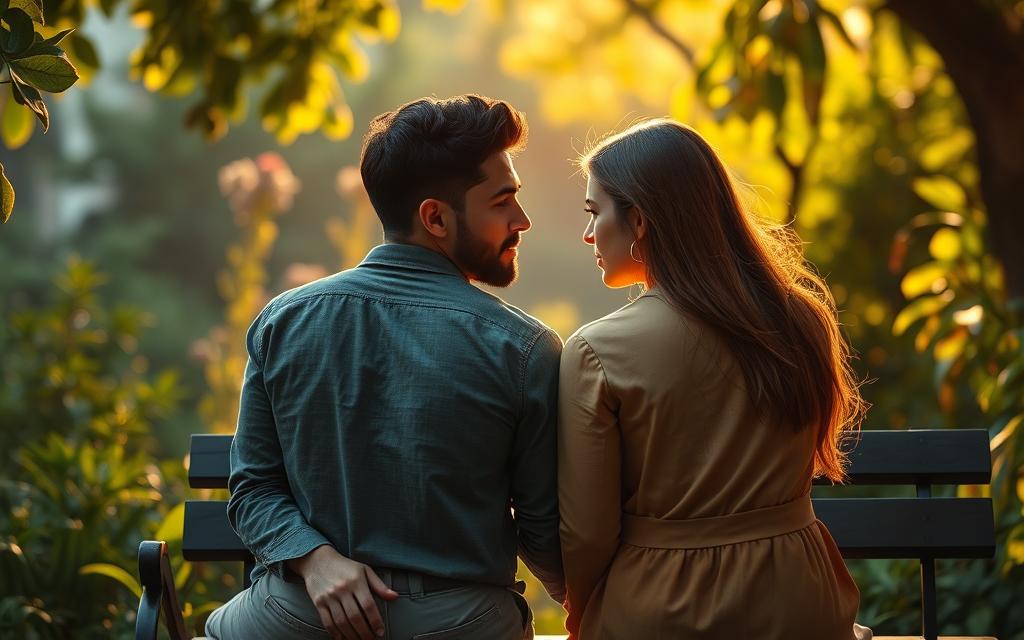 A contemplative couple sitting on a bench, deep in thought, surrounded by a lush, tranquil garden. Warm, golden sunlight filters through the foliage, casting a soft glow on their faces as they gaze into each other's eyes, weighing the future of their relationship. The atmosphere is pensive, the mood reflective, as they navigate the crossroads of rebuilding trust or moving on. Detailed textures, natural elements, and subtle emotions convey the gravity of the decision they face.