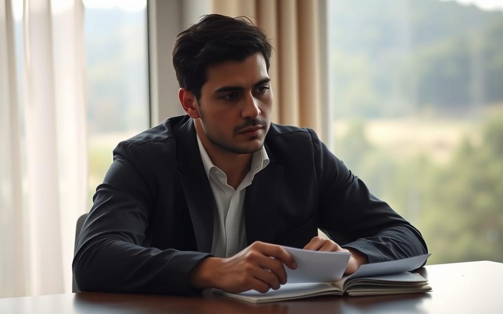 A contemplative person sitting at a table, preparing for a confrontation. Soft, indirect lighting illuminates their face, creating a pensive atmosphere. In the background, a window overlooks a serene, natural landscape, suggesting a sense of calm before the storm. The person's posture is upright, their expression serious yet resolved, as they review notes or documents, anticipating the difficult conversation ahead. The scene conveys a sense of thoughtful preparation, an individual steeling themselves for a constructive, but challenging, interaction.
