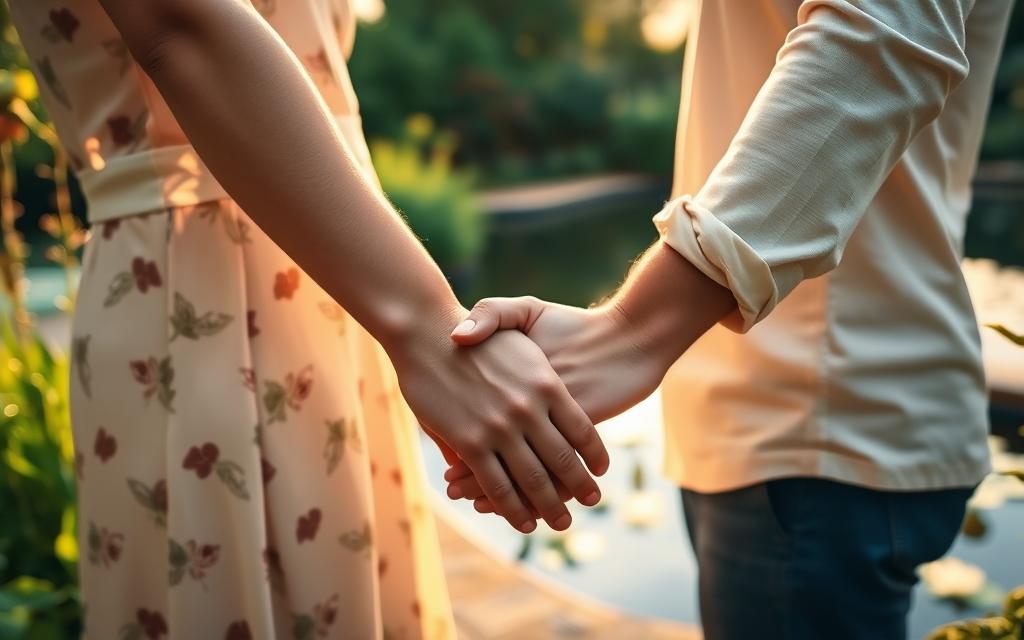 A couple embracing in a serene garden, bathed in warm, golden sunlight. The foreground shows their intertwined hands, fingers interlocked, symbolizing the healing process after infidelity. In the middle ground, lush, vibrant foliage represents the growth and renewal of their relationship. The background features a tranquil pond with lilies floating on the surface, conveying a sense of calm and peace. The lighting is soft and diffused, creating a sense of intimacy and vulnerability. The angle is slightly elevated, allowing the viewer to observe the intimate moment with a sense of empathy and understanding.