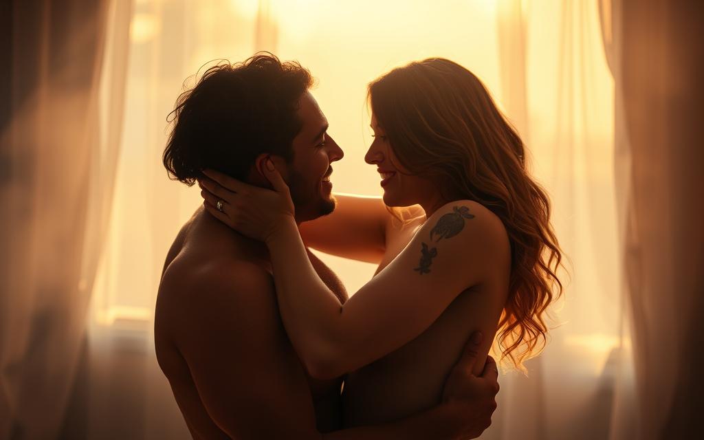 A couple embracing passionately, their bodies intertwined in a sensual dance of intimacy. Warm, diffused lighting bathes their skin, casting a soft, romantic glow. The foreground is focused on their tender, exploratory caresses, the middle ground reveals their expressions of blissful connection, and the background fades into a hazy, dreamlike atmosphere, suggesting a private, secluded setting. The mood is one of profound emotional and physical intimacy, a deep, visceral union that transcends the physical.