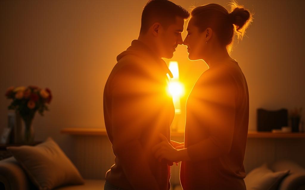 A couple embracing passionately, their silhouettes highlighted by warm, golden lighting. In the foreground, subtle gestures like a hand on a cheek, fingers intertwined, and lingering glances convey the depth of their connection. The middle ground features a cozy, domestic setting - a plush sofa, a vase of fresh flowers, and a few scattered personal items that hint at their shared life. The background is softly blurred, emphasizing the intimacy of the moment. The overall mood is one of tenderness, vulnerability, and the unspoken understanding that exists between two people deeply in love.