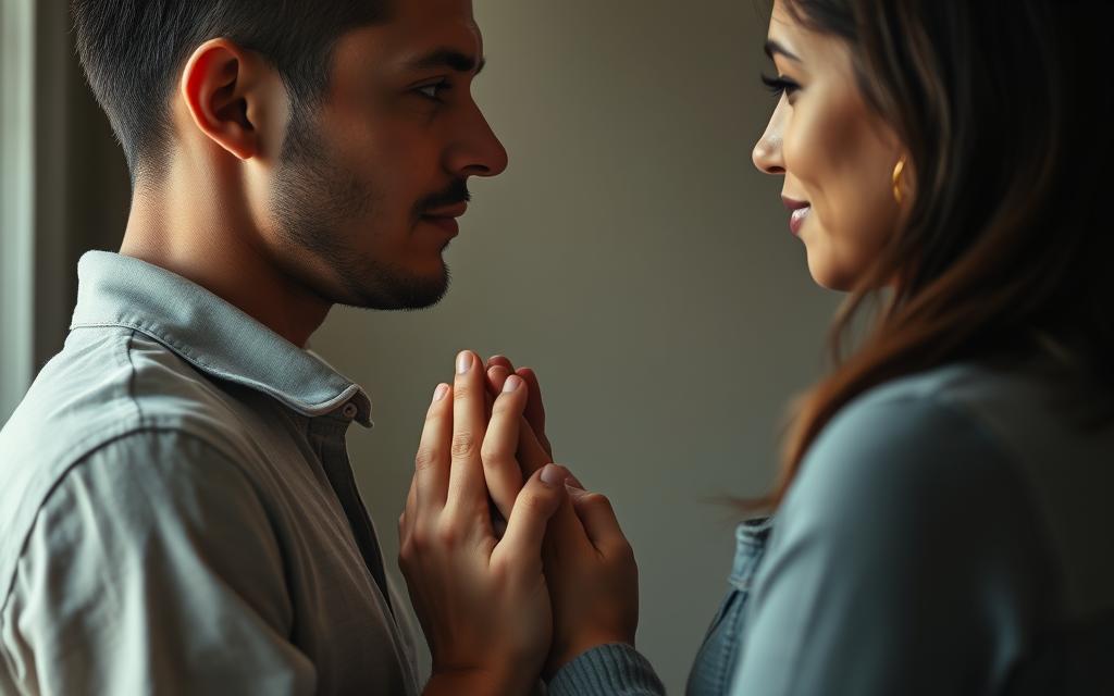 A couple facing each other, hands clasped, expressions of vulnerability and trust. Soft natural lighting illuminates their faces, creating a sense of intimacy. The background is blurred, placing the focus on their emotional connection. The scene conveys a journey of rebuilding, with a sense of hope and understanding reflected in their body language. Detailed facial features and expressions suggest a deeper level of emotional honesty and openness. The overall atmosphere is one of tenderness, empathy, and the slow, steady process of mending a broken bond.