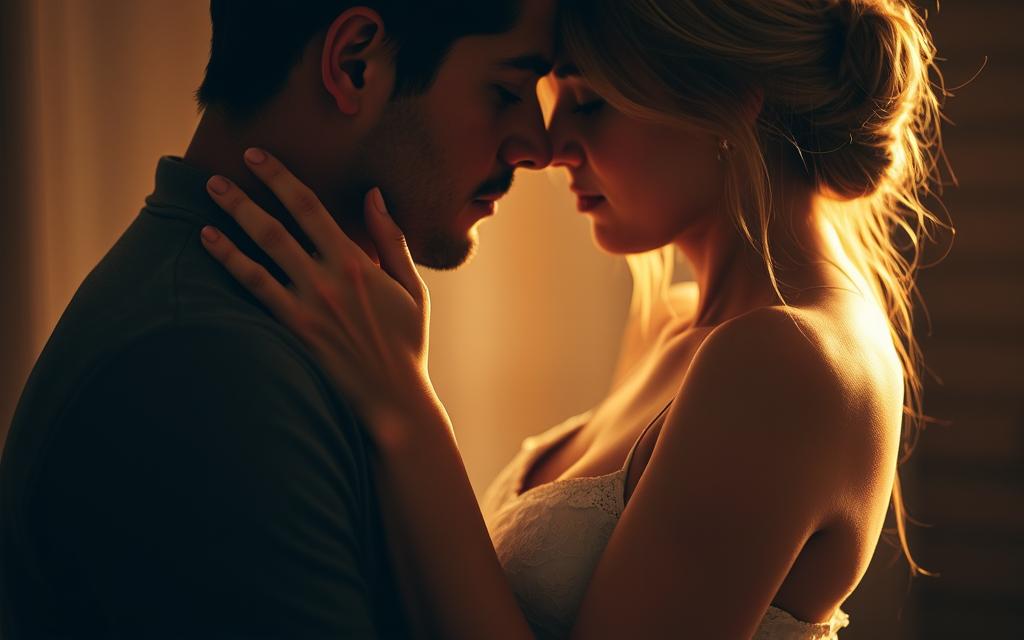 A couple in an intimate embrace, their bodies intertwined, conveying a sense of deep connection and hidden dynamics. The foreground depicts their tender caress, fingers tracing the contours of their partner's face, while their eyes lock in a captivating gaze. The middle ground highlights subtle body language, such as the tilt of their heads and the gentle lean towards each other, hinting at the underlying bonding patterns. The background is softly blurred, creating a dreamlike atmosphere that emphasizes the private, emotional nature of the scene. Warm, golden lighting casts a romantic, chiaroscuro effect, highlighting the sensual, nuanced nature of their relationship.