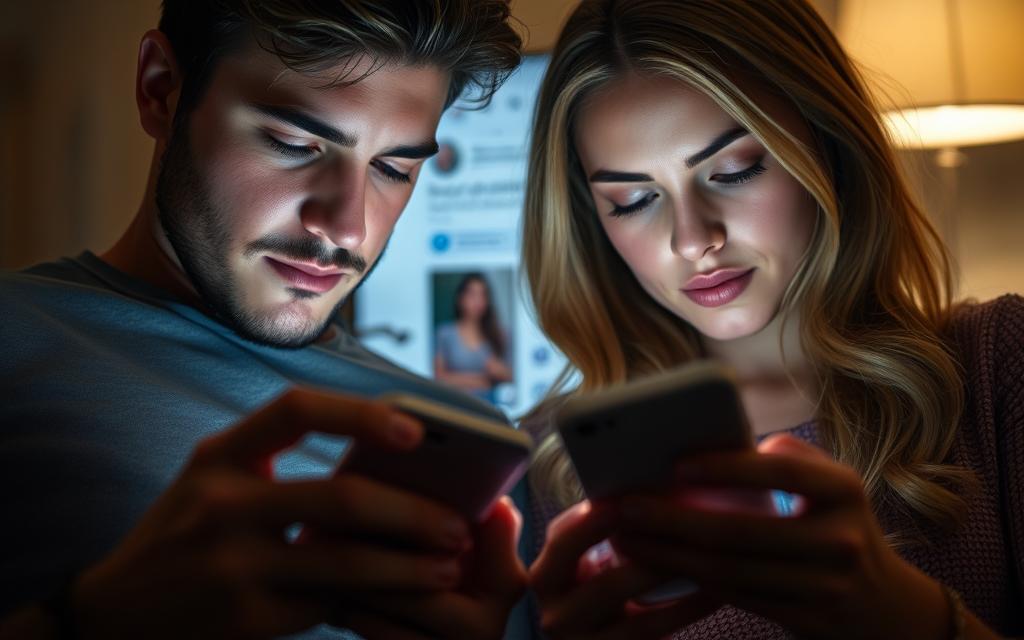 A couple intently staring at their smartphones, their faces bathed in the ethereal glow of digital screens, symbolizing the digital age's impact on modern intimacy. In the background, a blurred social media interface, conveying the pervasive influence of online platforms on relationships. Soft, diffused lighting casts an introspective mood, hinting at the emotional complexities of navigating infidelity in the digital landscape. The image is captured through a wide-angle lens, emphasizing the sense of isolation and disconnection despite physical proximity. Overall, the scene evokes the digital shift in redefining infidelity, where emotional and physical boundaries become blurred in the age of constant connectivity.