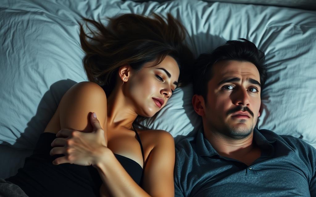 A couple lying together on a bed, their expressions conveying a sense of unease and distance. The lighting is soft and muted, casting shadows that suggest a shift in their intimacy. The background is slightly blurred, drawing the viewer's attention to the figures at the center. The woman's body language is slightly turned away, while the man's gaze appears distracted, hinting at a change in their emotional and physical connection. A couple lying together on a bed, their expressions conveying a sense of unease and distance. The lighting is soft and muted, casting shadows that suggest a shift in their intimacy. The background is slightly blurred, drawing the viewer's attention to the figures at the center. The woman's body language is slightly turned away, while the man's gaze appears distracted, hinting at a change in their emotional and physical connection.