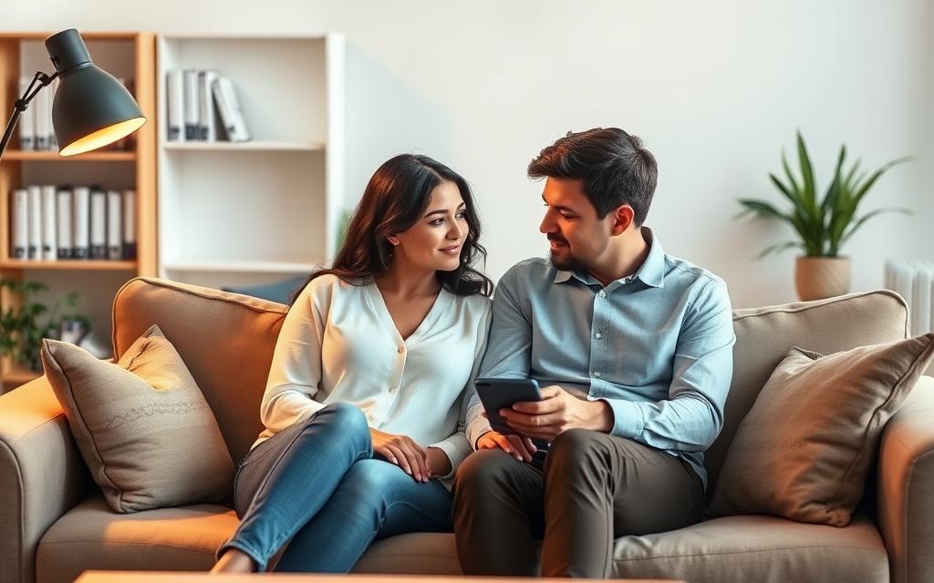 A couple seated on a plush couch, deep in discussion with a professional counselor. Soft, warm lighting illuminates their faces, conveying a sense of openness and trust. The counselor's expression is empathetic, guiding the couple towards understanding and resolution. In the background, a serene, minimalist office setting with books and plants, exuding an atmosphere of professionalism and care. The overall scene suggests the benefits of professional infidelity counseling - a safe, nurturing environment where couples can work through the complexities of betrayal and rebuild their relationship.