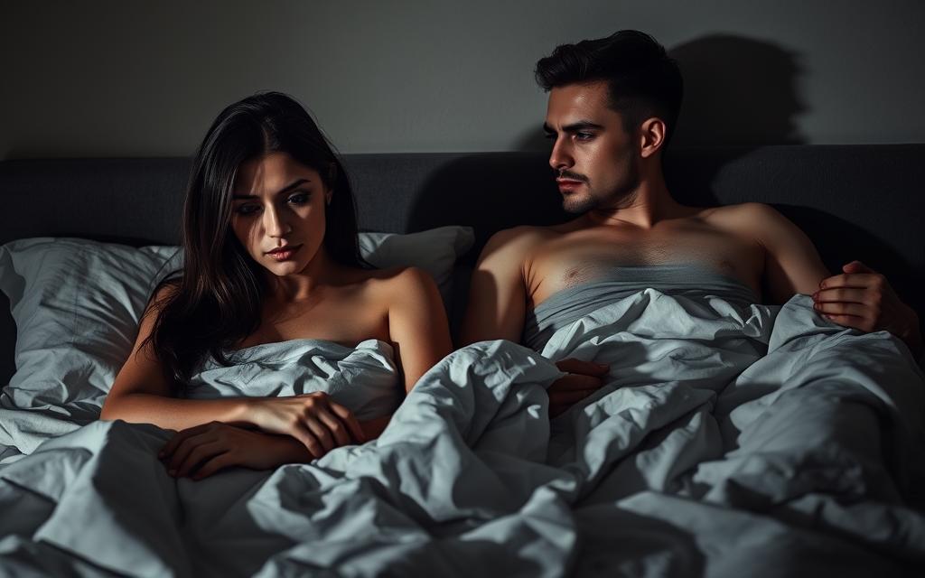 A couple sits on a bed, their faces etched with tension and unmet desires. The lighting is soft and somber, casting shadows that accentuate their disconnected postures. In the foreground, the woman's expression conveys a deep sense of resignation, while the man's gaze averts, unable to meet her eyes. The middle ground is dominated by crumpled bedsheets, a symbolic representation of the physical and emotional distance between them. The background fades into a muted, hazy atmosphere, mirroring the growing sense of disillusionment and isolation within the relationship.